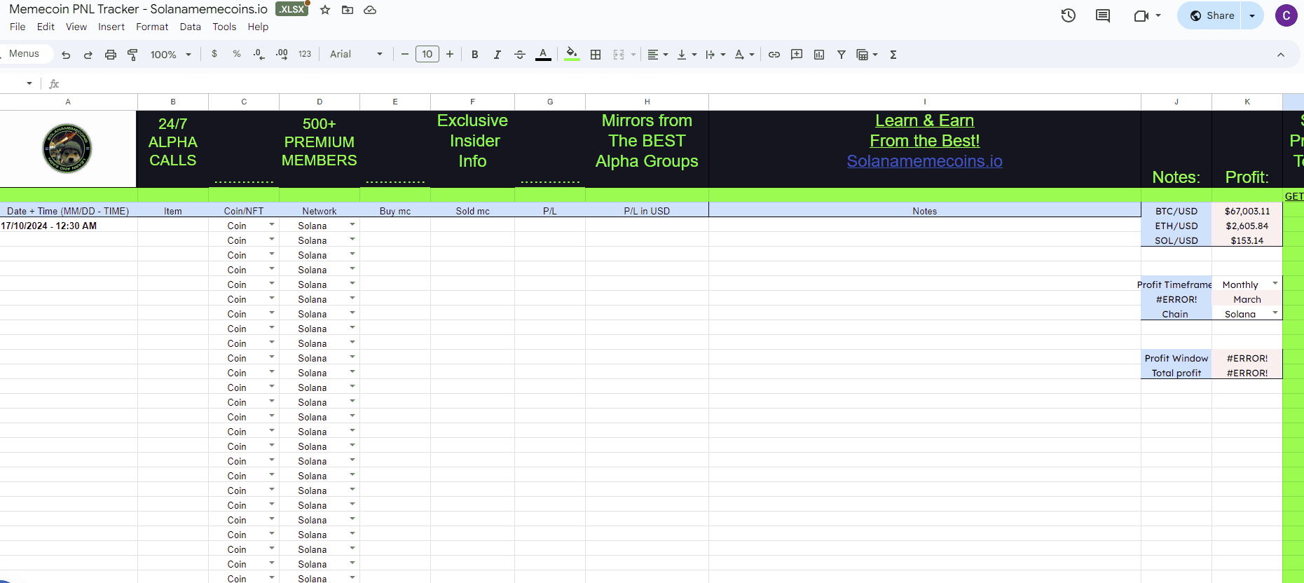 Memecoin PNL Tracker - Solanamemecoins.io in Google Sheet